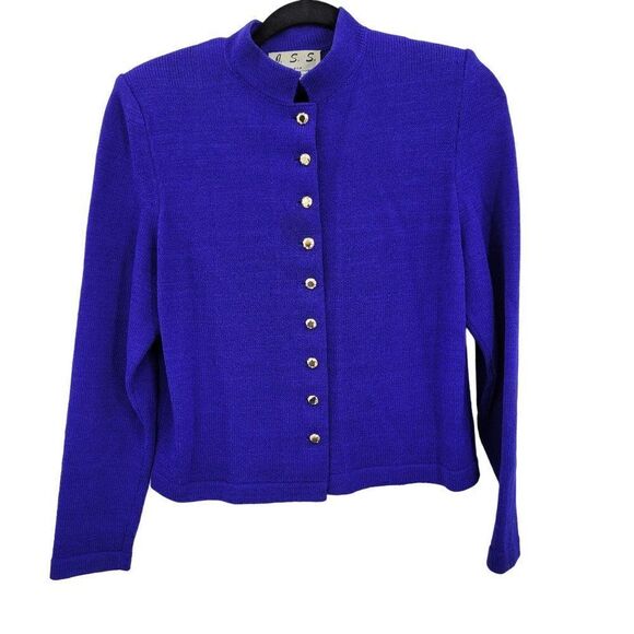Vintage 80's Sweater Cardigan Wool Santana Knit Button Down Electric Blue S - Picture 1 of 11